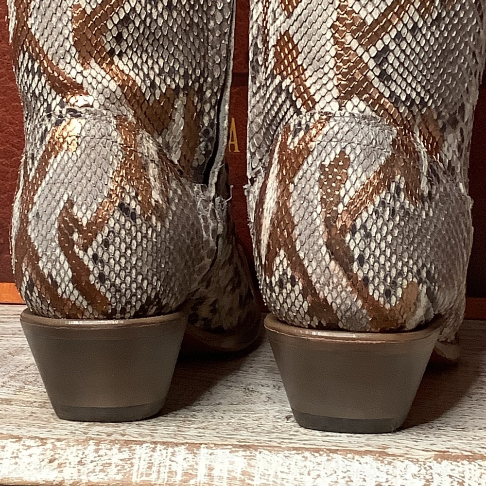 Corral Python Snake Skin Hand Painted Gold Accents Tall Top Western Boots 2”Heel - Picture 7 of 14